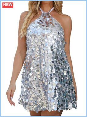 Sequin Slip Dress Halter Mini Bodycon Club Party Sexy Dress